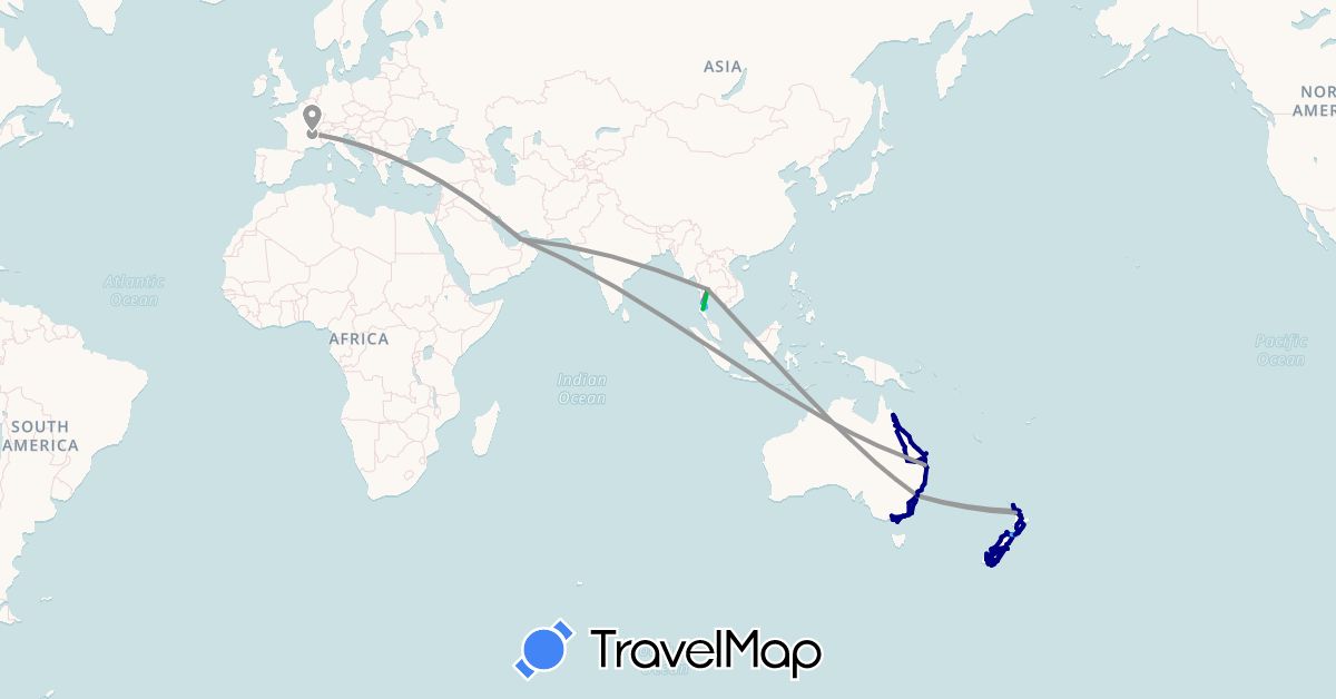 TravelMap itinerary: driving, bus, plane, train, hiking, boat in United Arab Emirates, Australia, France, New Zealand, Thailand (Asia, Europe, Oceania)